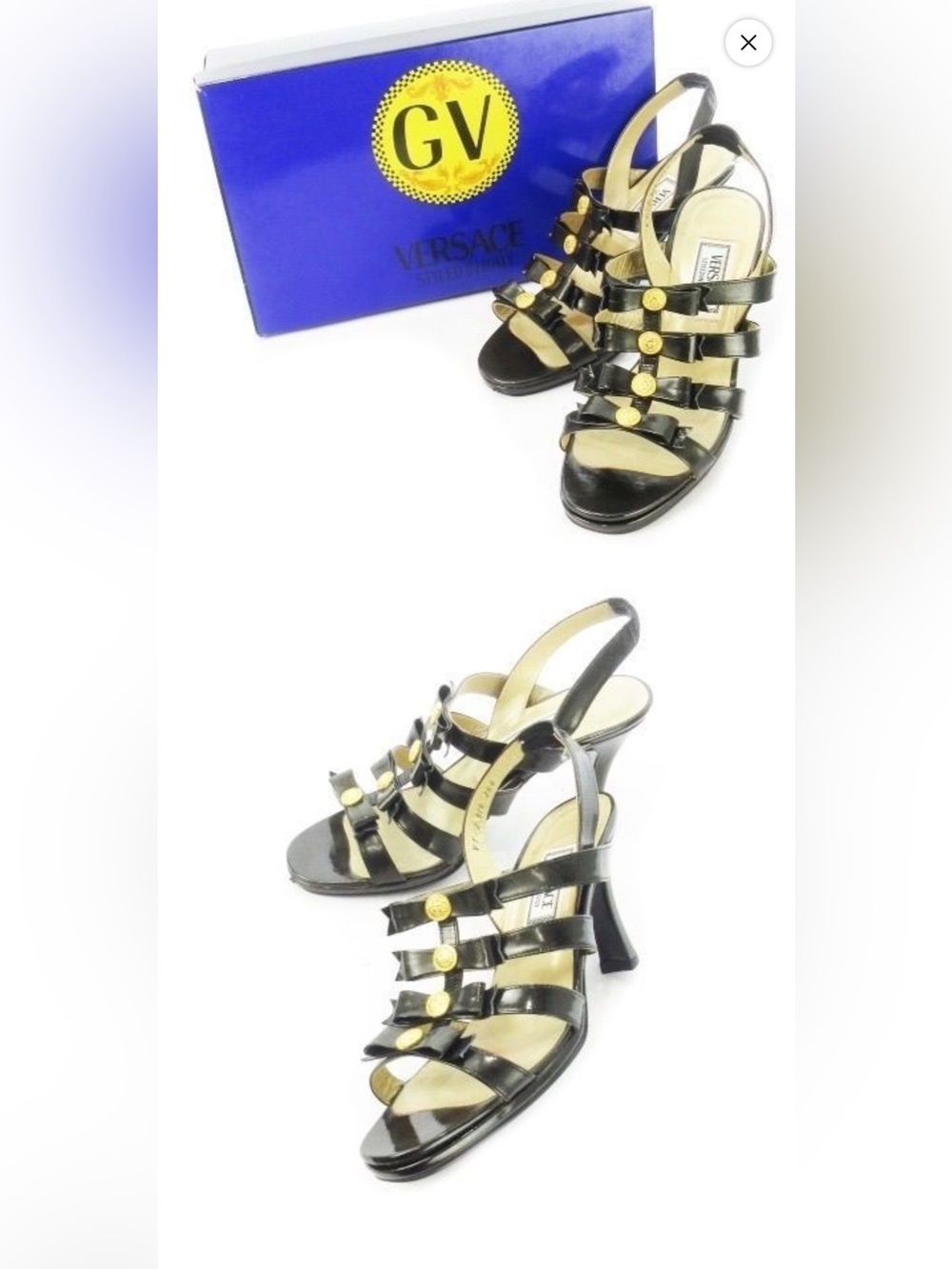 Versace Black Leather Strappy Heeled Sandals with Gold Medallions